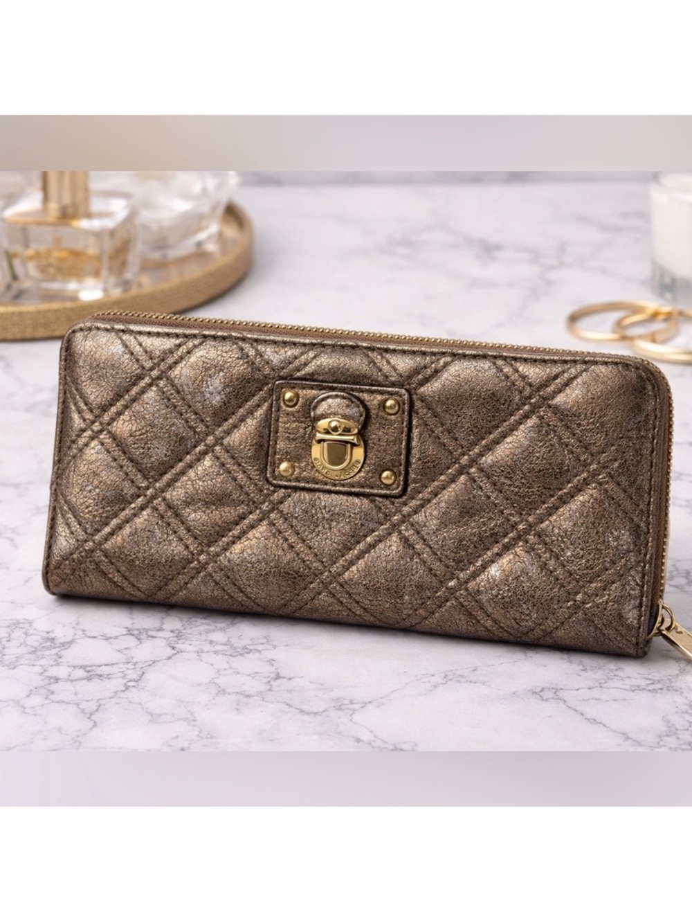 Marc‎ Jacobs Quilted Metallic Bronze Leather Zip Around Continental Wallet